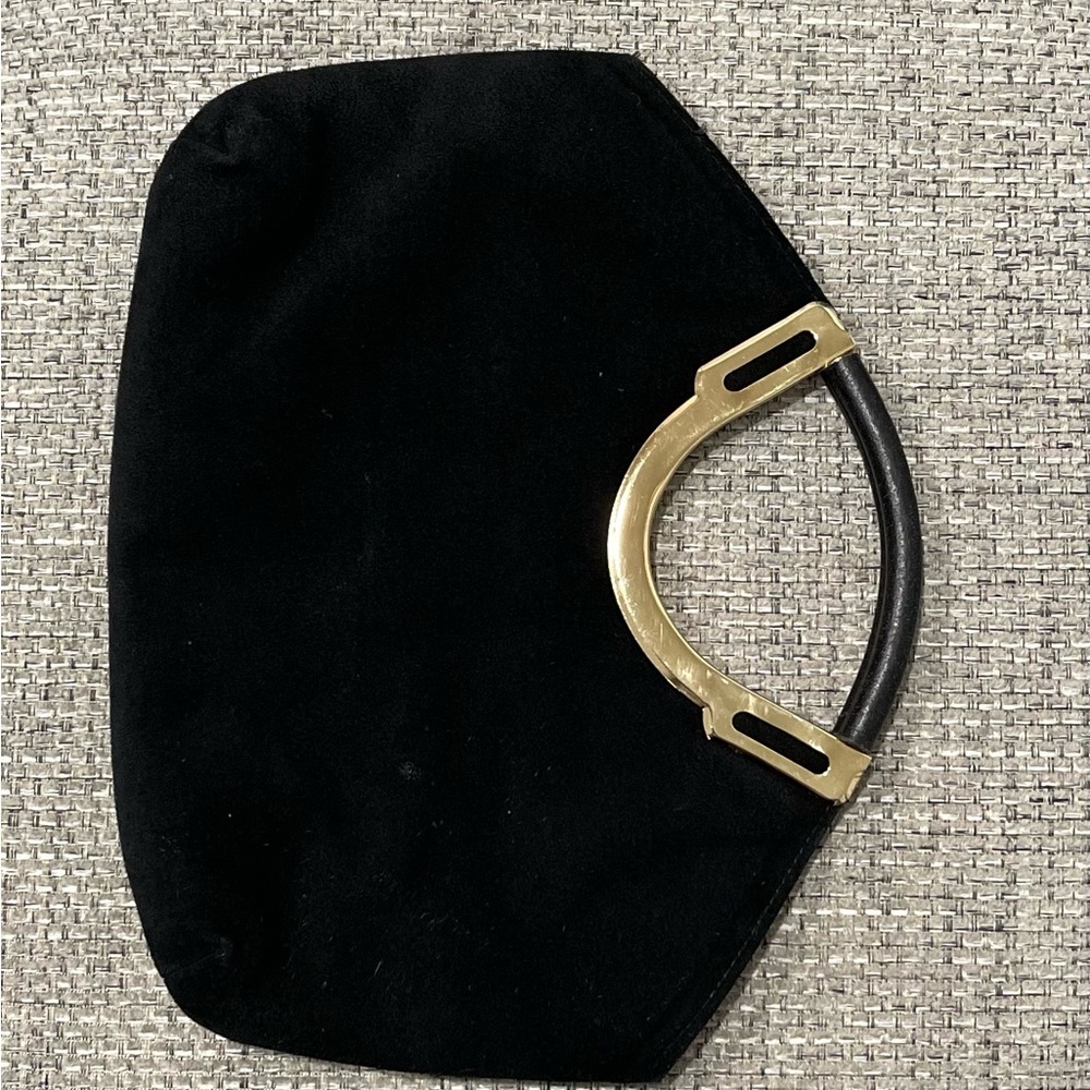 Vintage 1970s-80s black suede clutch handbag w/gold hardware & leather handles
